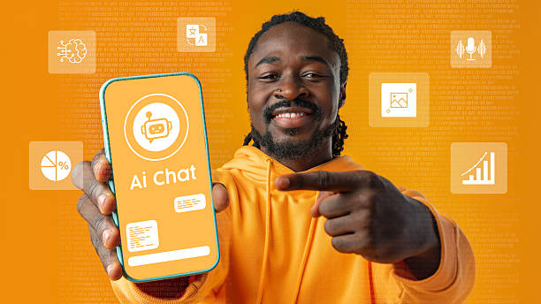 istock Young man showcasing AI chat application on smartphone with vibrant orange background in a tech-focused environment 2224216282