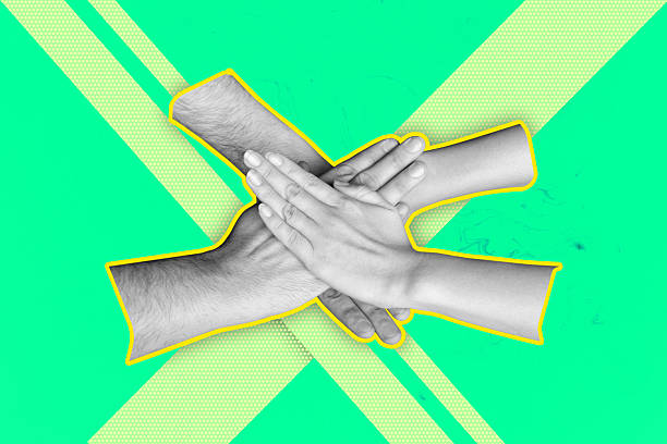 istock Collage design composite trend artwork sketch of four hand hold together highfive teamwork success body language symbol hand sign gesture 2224216646