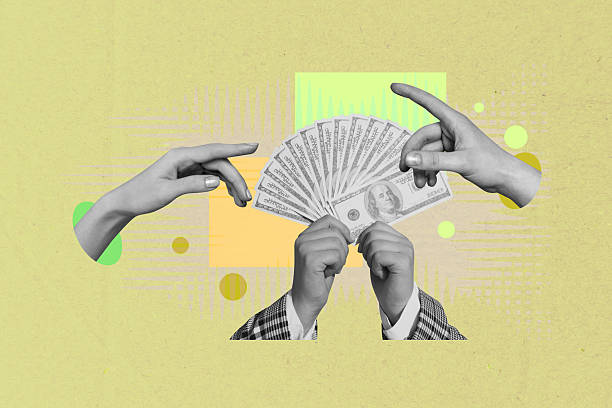 istock Creative full image artwork pop collage of hands point dollar banknote payment finance capital profit bonus bank transaction 2224216997