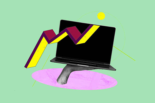 istock Contemporary art collage of hands type laptop keypad programming arrow development progress success statistics progress goal 2224217286