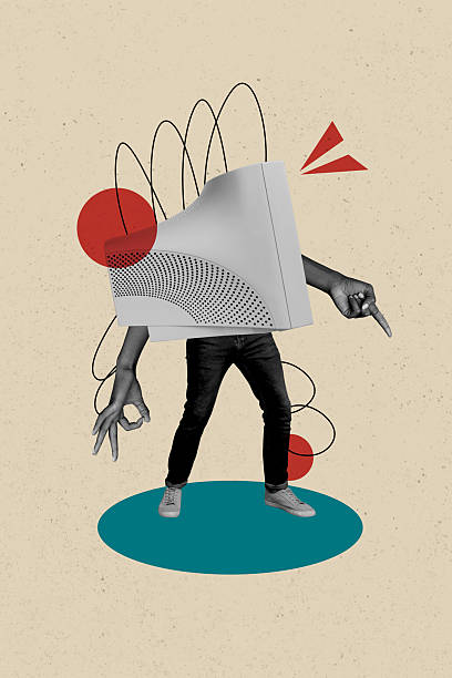 istock Vertical collage headless man body fragments hands nonverbal speech ok gesture finger pointing computer monitor screen legs addicted user 2224218065