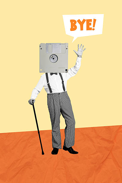 Trend artwork composite sketch image collage of aged man cover face eye vision hold stick show nonverbal hand gesture speech cloud bye.