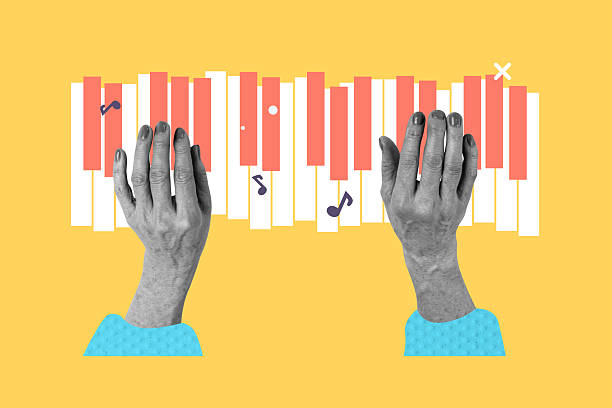 istock Creative collage image mature woman granny hands key piano body fragments push notes melody drawing background talented musician 2224218384