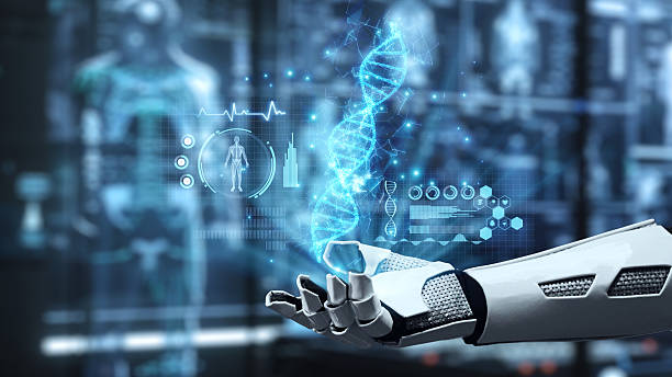 istock Close up of robot hand pointing and tapping at DNA hologram at lab. Salubrious. 2224219178