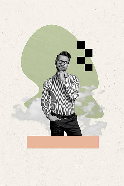 istock Vertical poster collage young dreamy man think decide unsure clouds sky fantasy minded find solution touch chin drawing background 2224219209