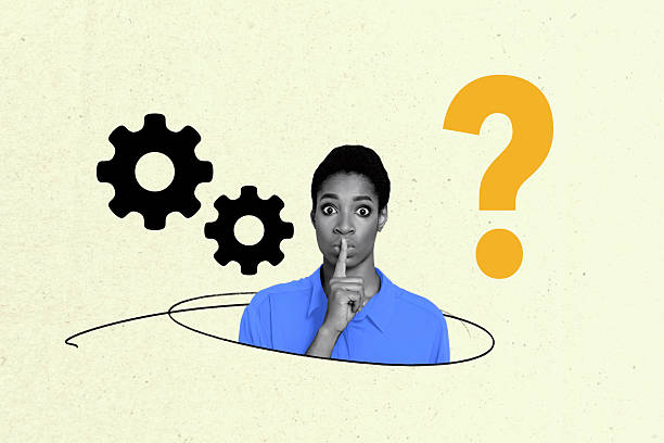 istock Creative collage picture young scared afraid woman cogwheel gears keep silence dont speak shutup shh finger gesture questin mark 2224220444