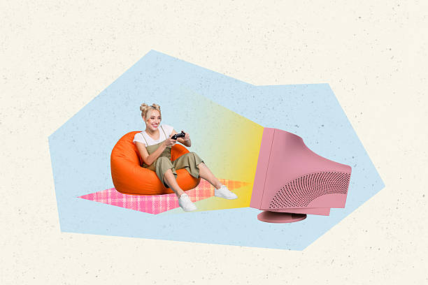 istock Creative collage picture young woman sit home computer monitor play game controller joystick virtual reality display drawing background 2224220732