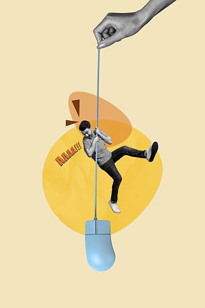 istock Vertical photo collage of scared man hang mouse wire desktop tool hand hold technology addiction isolated on painted background 2224221126
