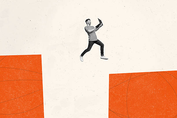 istock Trend artwork composite sketch image photo collage of beige orange color workspace man work laptop fly between platform line doodle draw 2224221158