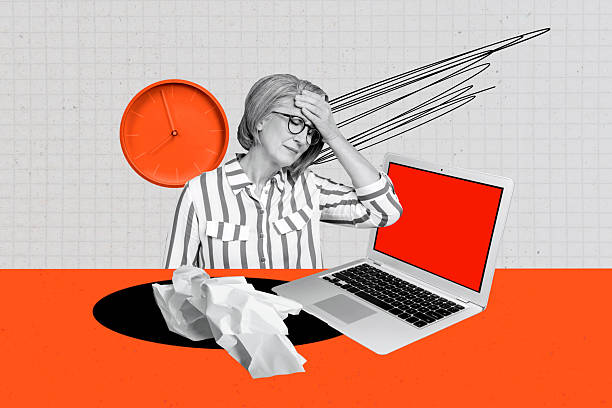 istock Composite photo collage of upset old woman freelancer sit office workload problem broke laptop deadline clock isolated on painted background 2224221416