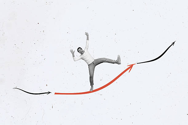 istock Collage image artwork of cheerful positive glad man balancing arrow line isolated on creative drawing background 2224221882