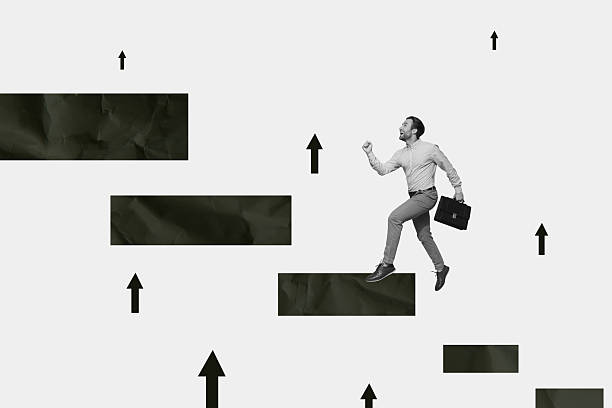 istock Composite sketch image trend artwork photo collage of target arrow workspace office manager career promotion young guy formalwear walk up 2224221892