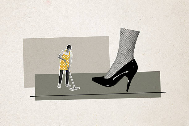 istock Composite trend artwork sketch image collage of miniature young guy houseworker wash floor hold mop huge leg foot woman stand high heels 2224221925