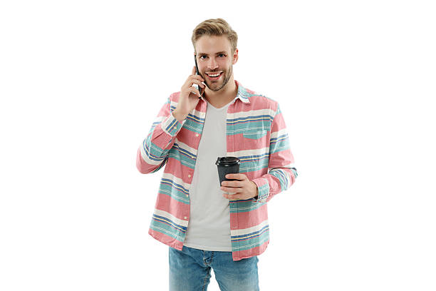 istock Communication. Man speak on smartphone isolated on white. Millennial man has phone conversation. Voice mail. Man talk on smartphone with coffee. Phone call. Mobile communication 2224222126