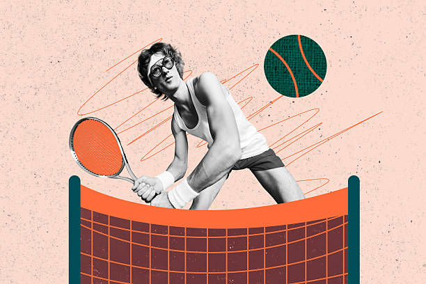 istock Trend artwork sketch image composite photo collage of exercise stadium competition young man play tennis ball hand hold racket punch 2224222282