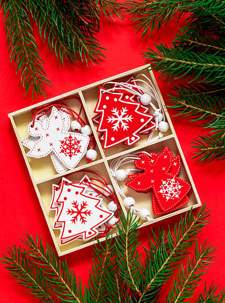 istock Christmas composition with gift box. Box with red and white Christmas tree toys - tree and angels. Wooden toys and fir tree branches on a red background. Top view. 2224223233