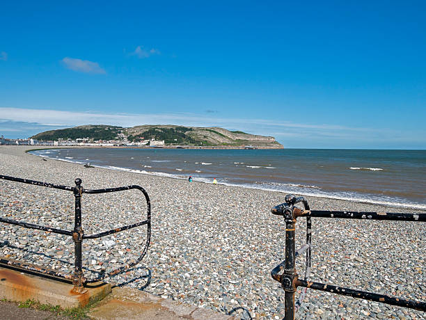 View along Llandudno promenade, UK. People can be seen on the beach.
