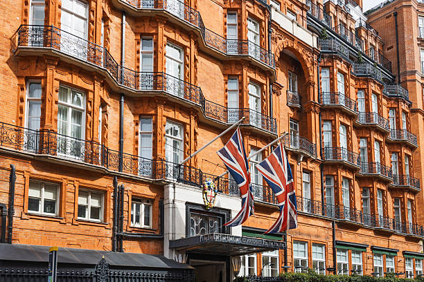Claridge historic building on Brook Street, Mayfair. Iconic London landmark for luxury stays. London, UK, 14 April 2024
