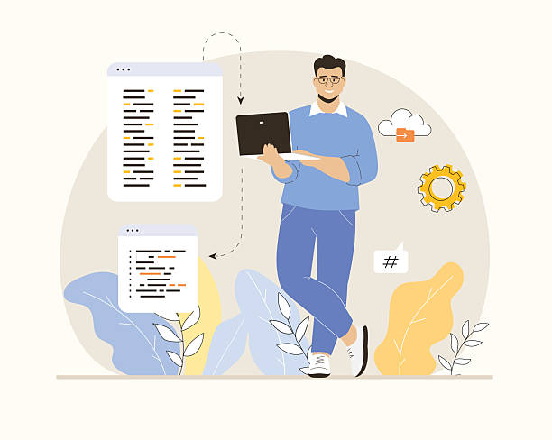 ilustrações de stock, clip art, desenhos animados e ícones de backend development and software programming. man working with program code at laptop, testing scripts and engineering process. flat vector illustration. - programador