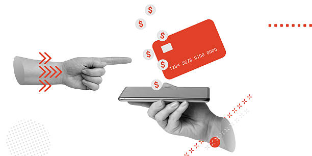istock Mobile transaction, or e-wallet use. Finger pointing at red card over phone with falling dollar icons. Initiating a mobile transaction, mobile payment or e-wallet use. Minimalist art collage 2224228327