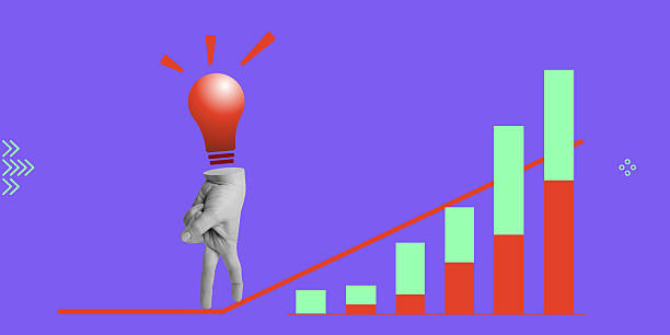 istock Innovation, success and idea generation. Hand holds glowing light bulb and steps on ascending line above bar graph with rising trend. Minimalistic art collage 2224228335