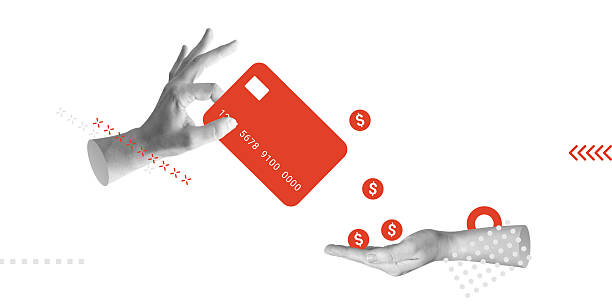 Finance, e-commerce, digital transactions, online shopping, secure payments. Hand holds red credit card with dollar symbols around it. Minimalistic art collage