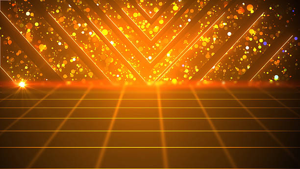 istock Golden star award show background stage backdrop for announcing winners and nominees. Shimmering arrow particle with neon outlines and 3d grid floor. A glistering, fairy tale-like festive . 2224229267