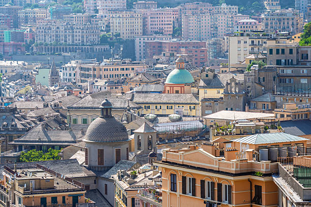 Genoa, Italy- May 27, 2024: Beautiful Genova panoramic cityscape, historic multilevel architecture on hillside, multi-story apartment houses