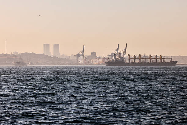A cargo ship sails across the sea toward a port with cranes and tall city buildings visible in the background under soft morning light.