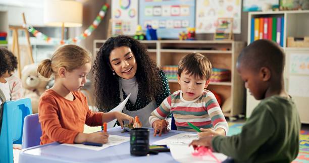 Drawing, education and teacher with children in classroom for learning, students and creative art. Growth, kindergarten and academy with woman and kids at school for helping and child development