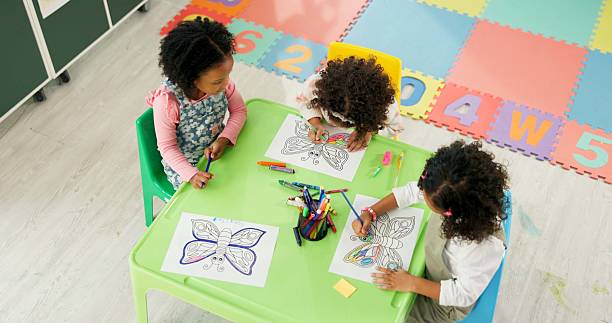 istock Above, education and drawing with friends in classroom for child development, artwork and creative project. Youth, academy and growth with students at school for knowledge, learning and kindergarten 2224235764