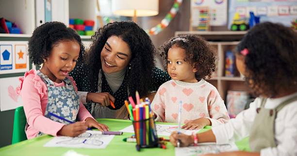 istock Drawing, learning and teacher with children in classroom for education, nursery and creative art. Growth, kindergarten and academy with woman and kids at school for helping and child development 2224235765