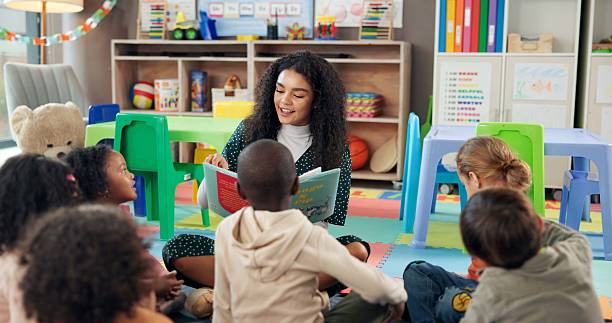 istock Reading, learning and teacher with children in classroom for education, books and students. Growth, kindergarten and academy with woman and kids at school for youth, story time and child development 2224235780