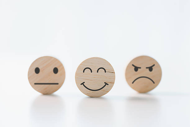 istock Customer showing rating with happy icon, Customer satisfaction survey concept, Positive feedback from happy client satisfaction with quality of service, marketing surveys, ratings, review, copy space 2224240106