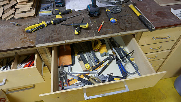 istock Various Tools Organized in a Wooden Drawer for Repair and Crafting Work 2224242798