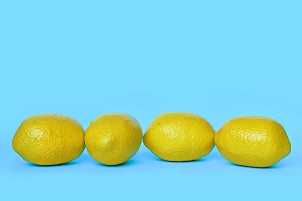 Four lemon fruits on blue background with copy space