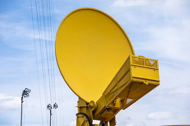 Yellow satellite dish on top of a TV production van