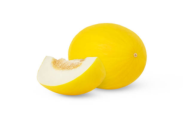 istock Sweet ripe yellow melon and a slice with seeds isolated. 2224251649