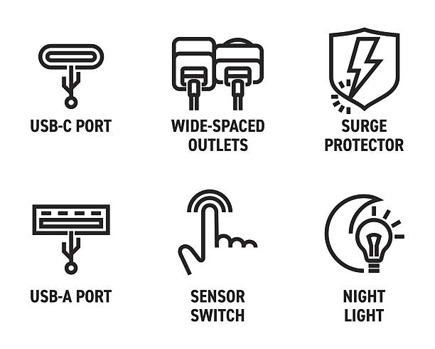 Smart socket extender characteristics icons in bold line Smart socket extender icons set - Surge protector, Wide-spaced outlets, USB-C and USB-A ports. Night light and Sensor switch. Pictograms for labeling in bold line overloaded power adaptor stock illustrations