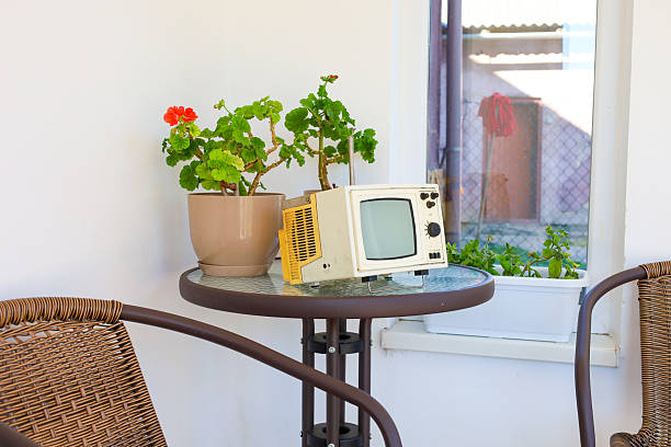 A small vintage television sits on a table on a terrace next to a geranium pot, creating a cozy and nostalgic atmosphere. This scene combines elements of past everyday life with summer flowers, evoking memories of peaceful relaxation.