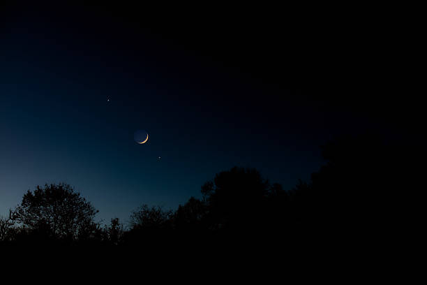 istock Crescent young Moon with stars, planets and countryside silhouettes. 2224260158