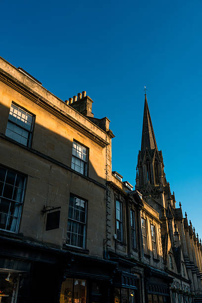 St. Michael's church towering over buildings in Bath, England