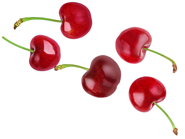 istock Fallimg Red Cherries isolated on white. Flying sweet cherry.  Explosion. Top view. Flat lay. Pattern  2224290573