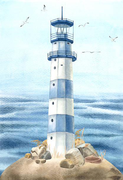 istock Lighthouse stands on shore among rocks and dry grass against the backdrop of seascape. Hand drawn watercolor illustration of beacon on isolated background. Drawing for decorating in nautical style 2224291899