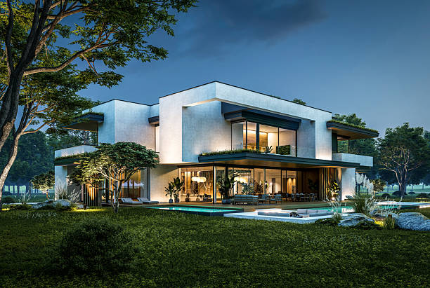 istock 3d rendering of two-story house with concrete facade in night 2224293679