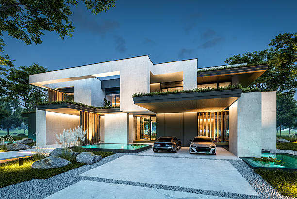 istock 3d rendering of two-story house with concrete facade in night 2224293741