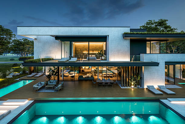 istock 3d rendering of two-story house with concrete facade in night 2224293802