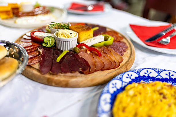 istock Traditional Serbian Breakfast Table with Meza, Eggs, and Sides 2224301431