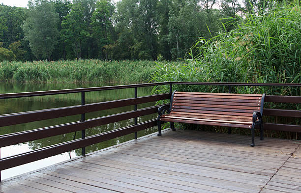 A wooden bench on a deck overlooking a calm river surrounded by lush green vegetation. The scene is tranquil and inviting, perfect for relaxation