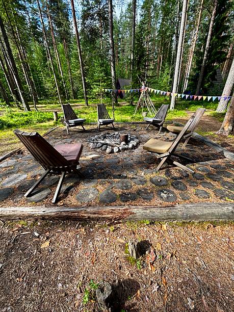 istock Fire pit with wooden chairs in a circle 2224305876